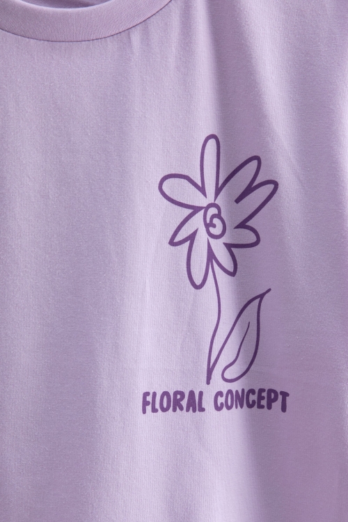 Lila Çiçek Baskılı Sırtı Yazılı Kız Çocuk Bisiklet Yaka Tişört 20966