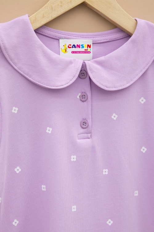 Lila Çiçek Desenli Düğmeli Yaka Kız Çocuk Tişört 20989