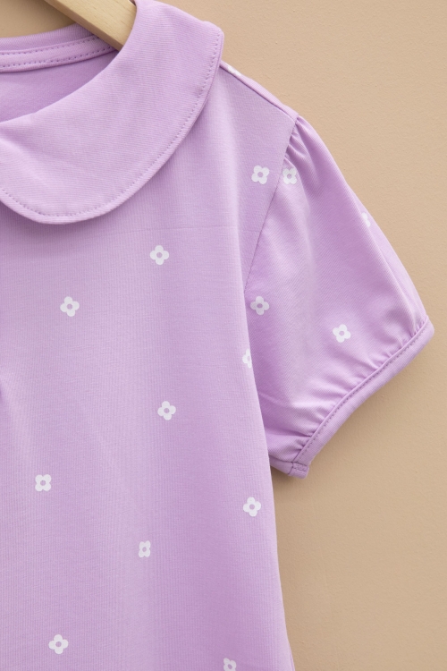 Lila Çiçek Desenli Düğmeli Yaka Kız Çocuk Tişört 20989