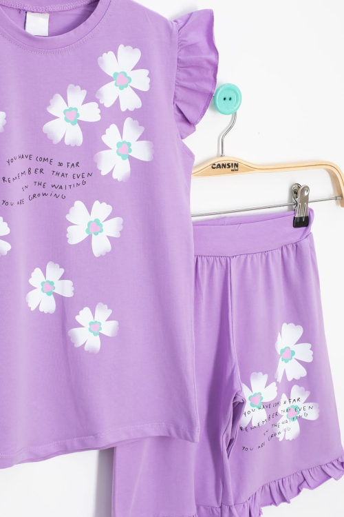 Lila Çiçek Desenli Fırfır Detaylı Kız Çocuk Şortlu Takım 20595