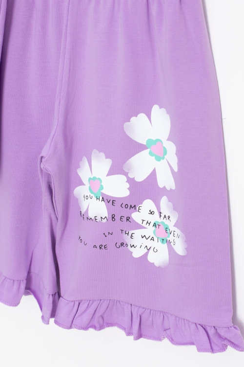 Lila Çiçek Desenli Fırfır Detaylı Kız Çocuk Şortlu Takım 20595