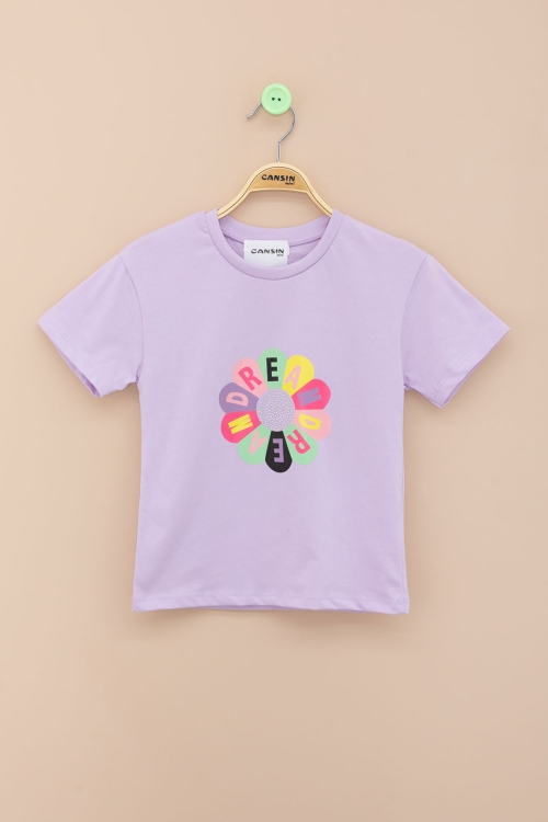 Lila Dream Baskılı Payetli Kız Çocuk Kısa Kol Tişört 21001