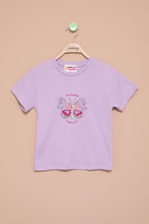 Lila Kelebek Baskılı Payetli Kız Çocuk Tişört 21000