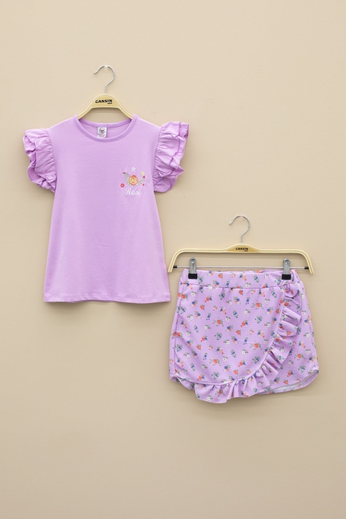 Lila Kolları Fırfırlı Çiçek Desenli Şort Etekli 2li Takım 20717