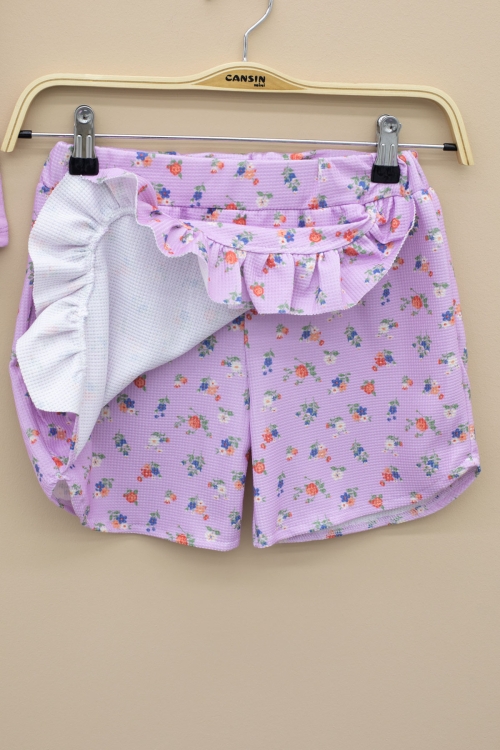 Lila Kolları Fırfırlı Çiçek Desenli Şort Etekli 2li Takım 20717