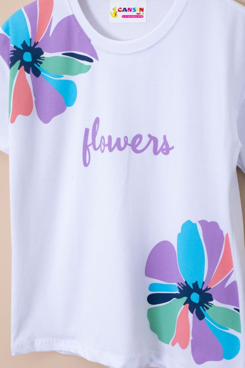 Lila Omzu Çiçek Baskılı Tİşörtlü Şortlu Kız Çocuk 2li Takım 21069