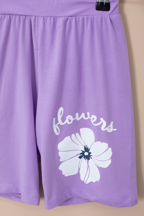 Lila Omzu Çiçek Baskılı Tİşörtlü Şortlu Kız Çocuk 2li Takım 21069