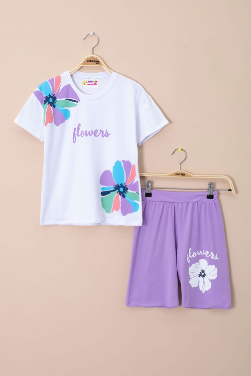 Lila Omzu Çiçek Baskılı Tİşörtlü Şortlu Kız Çocuk 2li Takım 21069