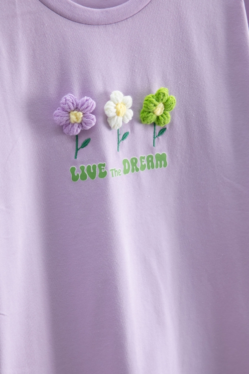 Lila Papatya Nakışlı Bisiklet Yaka Kız Çocuk Tişört 20984