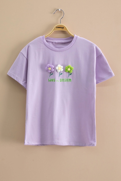 Lila Papatya Nakışlı Bisiklet Yaka Kız Çocuk Tişört 20984