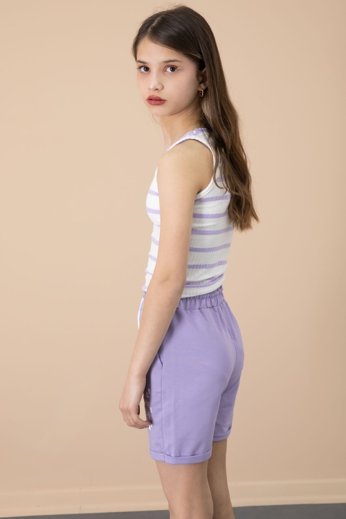 Lila Patili Cute Baskılı Kız Çocuk Beli Lastikli Şort 20733