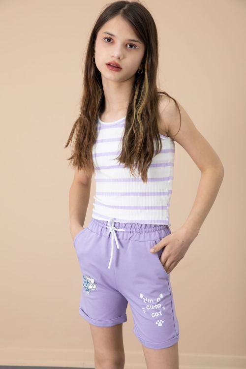 Lila Patili Cute Baskılı Kız Çocuk Beli Lastikli Şort 20733