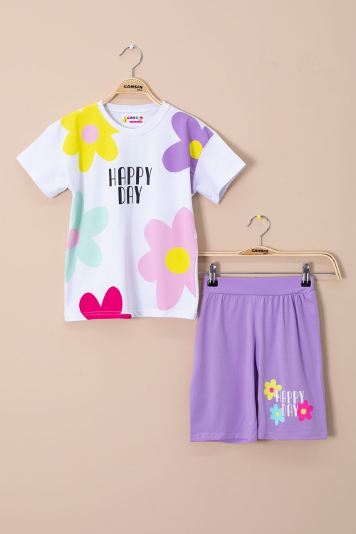 Lila Renkli Çiçek Baskılı Tişörtlü ve Şortlu Kız Çocuk 2li Takım 21063
