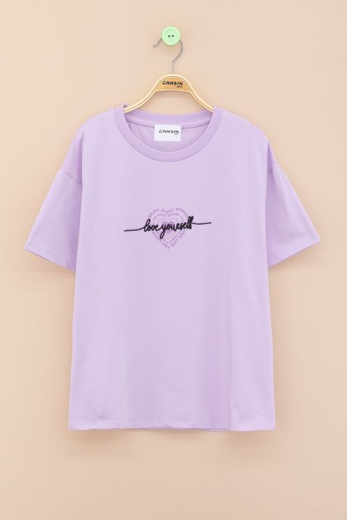 Lila Sırtı Kalp Baskılı Yazılı Kız Çocuk Bisiklet Yaka Tişört 20971