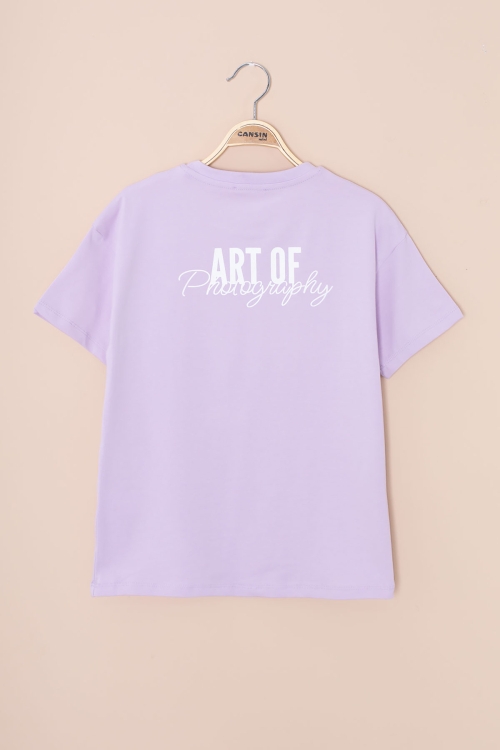 Lila Sırtı Yazılı Fotoğraf Baskılı Kız Çocuk Bisiklet Yaka Tişört 20977