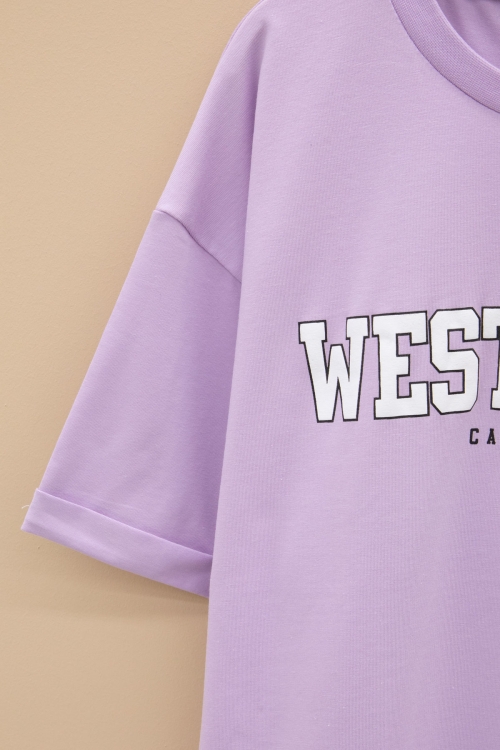 Lila West Coast Yazılı Kısa Kol Kız Çocuk Bisiklet Yaka Tişört 20963