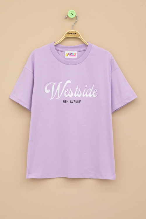 Lila West Side Kabartmalı Yazılı Kız Çocuk Bisiklet Yaka Tişört 20975