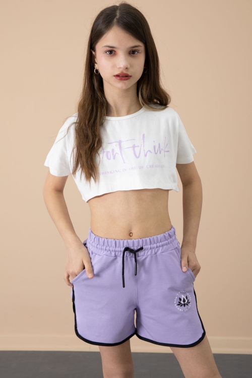 Lila Yanları Yırtmaçlı Çiçek Baskılı Beli Lastikli Kız Çocuk Şort 20737