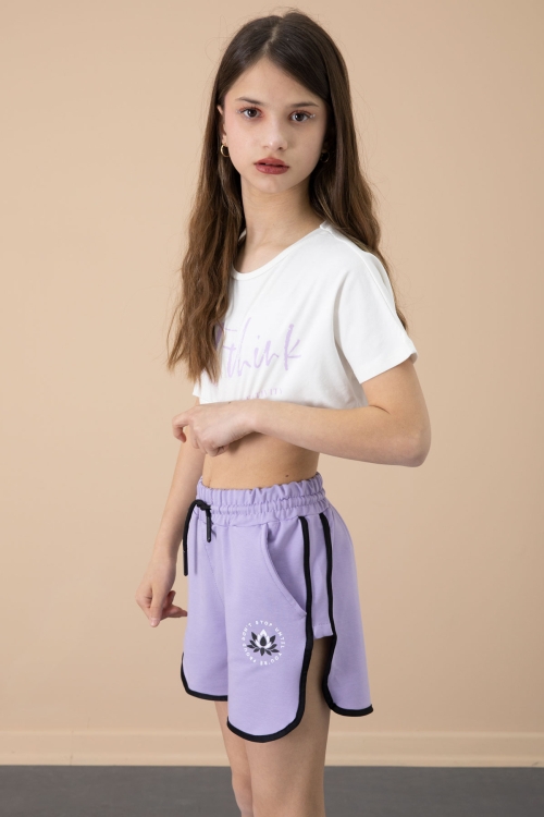 Lila Yanları Yırtmaçlı Çiçek Baskılı Beli Lastikli Kız Çocuk Şort 20737