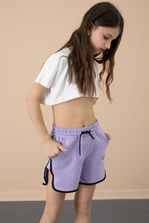 Lila Yanları Yırtmaçlı Çiçek Baskılı Beli Lastikli Kız Çocuk Şort 20737