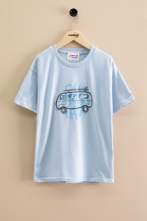 Mavi Araba Baskılı Bisiklet Yaka Erkek Çocuk Kısa Kol Tişört 20920