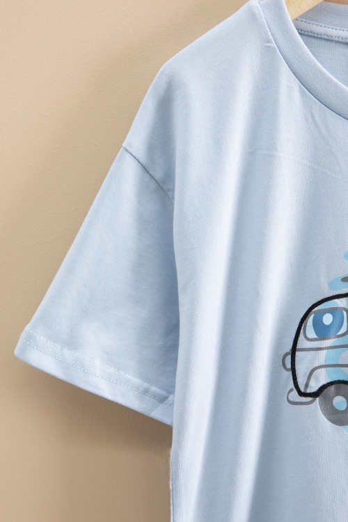 Mavi Araba Baskılı Bisiklet Yaka Erkek Çocuk Kısa Kol Tişört 20920