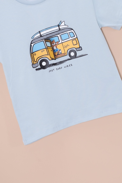 Mavi Araba Baskılı Nakış Detaylı Erkek Çocuk Bisiklet Yaka Tişört 20959