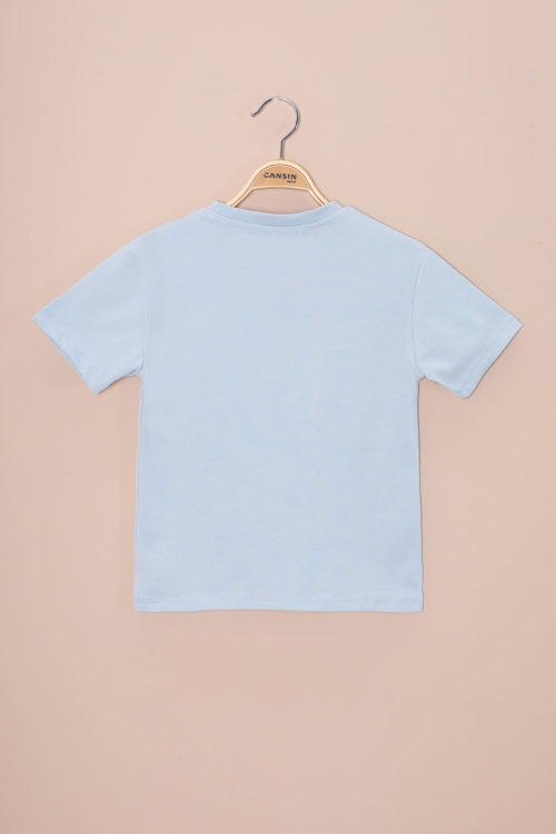 Mavi Araba Baskılı Nakış Detaylı Erkek Çocuk Bisiklet Yaka Tişört 20959