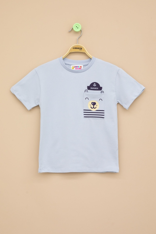 Mavi Ayıcık Baskılı Cepli Erkek Bebek Tişört 20934