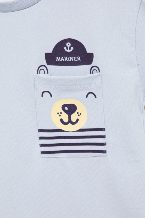 Mavi Ayıcık Baskılı Cepli Erkek Bebek Tişört 20934