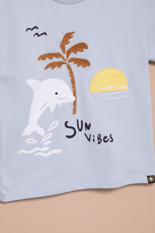 Mavi Balık Baskılı Nakışlı Erkek Bebek Bisiklet Yaka Tişört 20943