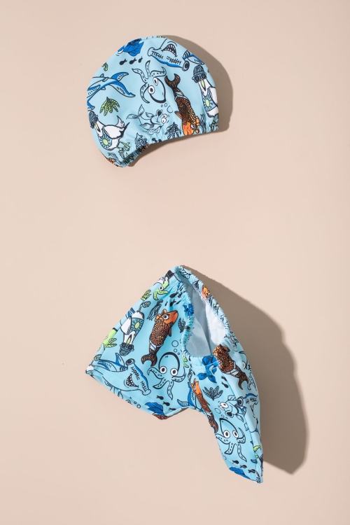 Mavi Balık Desenli Şort ve Boneli Erkek Çocuk Mayo Takımı 21075