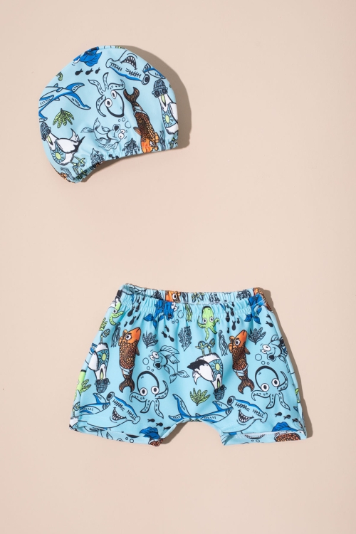 Mavi Balık Desenli Şort ve Boneli Erkek Çocuk Mayo Takımı 21075