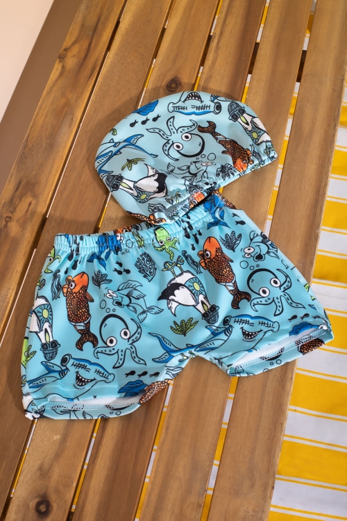 Mavi Balık Desenli Şort ve Boneli Erkek Çocuk Mayo Takımı 21075