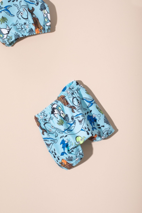 Mavi Balık Desenli Şort ve Boneli Erkek Çocuk Mayo Takımı 21075