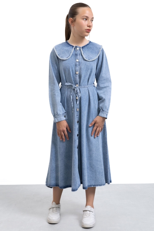 Mavi Boydan Düğme Kapamalı Dantel Detaylı Kız Çocuk Uzun Kol Jean Elbise 21138