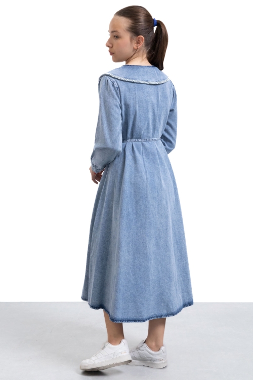 Mavi Boydan Düğme Kapamalı Dantel Detaylı Kız Çocuk Uzun Kol Jean Elbise 21138