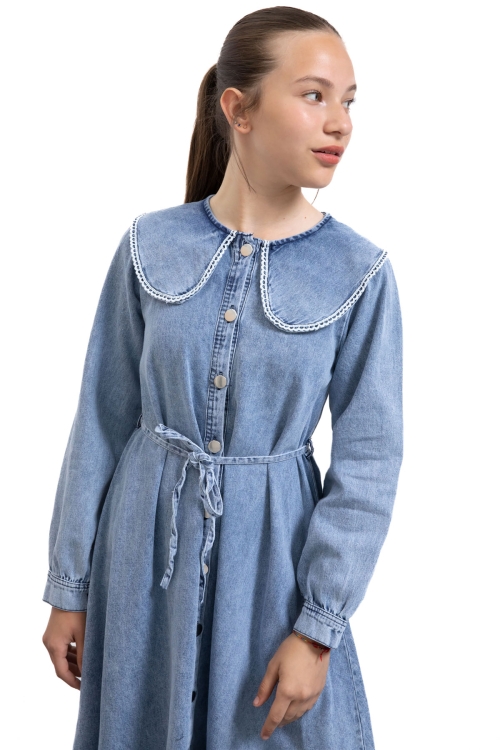 Mavi Boydan Düğme Kapamalı Dantel Detaylı Kız Çocuk Uzun Kol Jean Elbise 21138