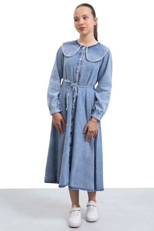 Mavi Boydan Düğme Kapamalı Dantel Detaylı Kız Çocuk Uzun Kol Jean Elbise 21138