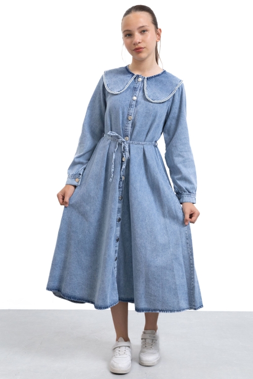 Mavi Boydan Düğme Kapamalı Dantel Detaylı Kız Çocuk Uzun Kol Jean Elbise 21138