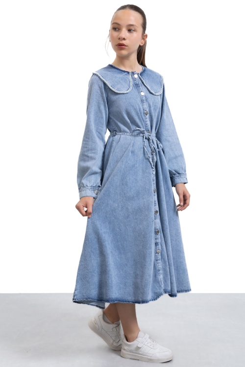 Mavi Boydan Düğme Kapamalı Dantel Detaylı Kız Çocuk Uzun Kol Jean Elbise 21138