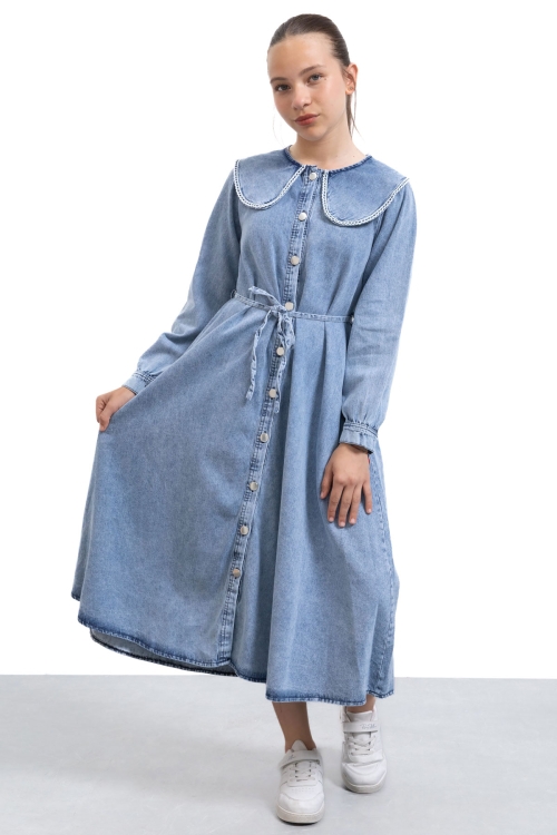 Mavi Boydan Düğme Kapamalı Dantel Detaylı Kız Çocuk Uzun Kol Jean Elbise 21138