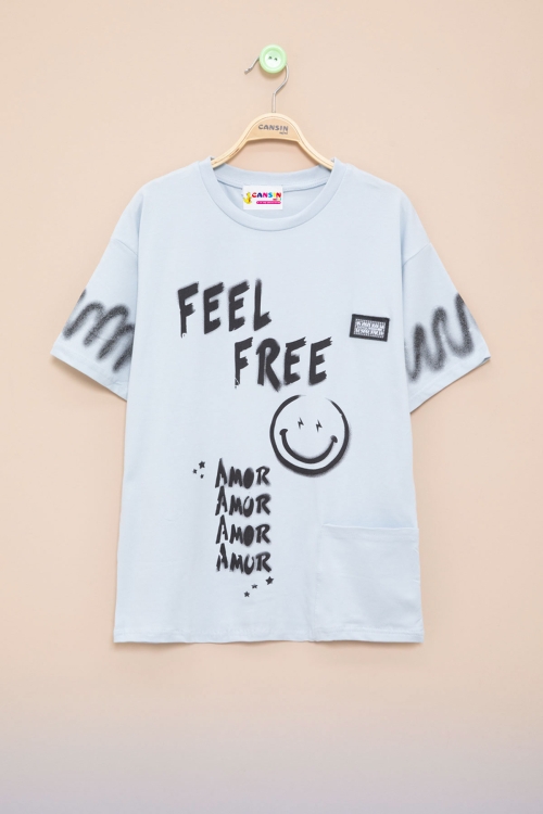 Mavi Cep Detaylı Yazı Baskılı Erkek Çocuk Bisiklet Yaka Tişört 20908