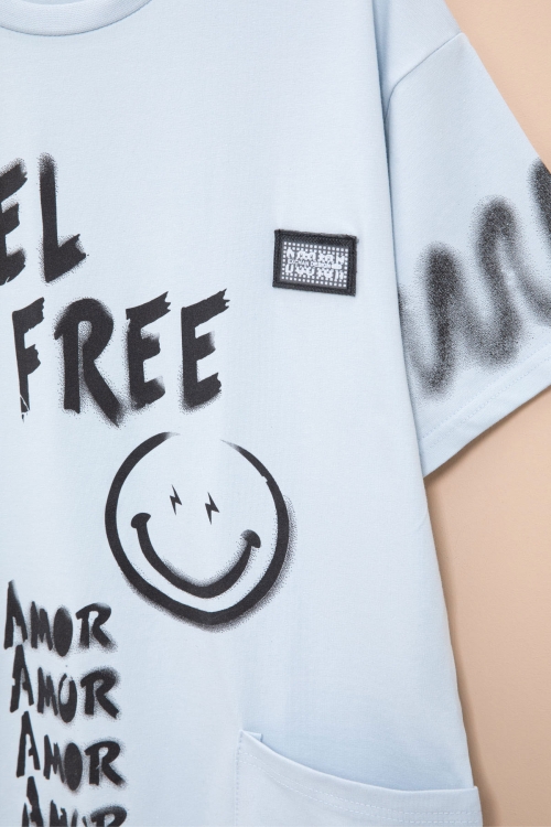 Mavi Cep Detaylı Yazı Baskılı Erkek Çocuk Bisiklet Yaka Tişört 20908