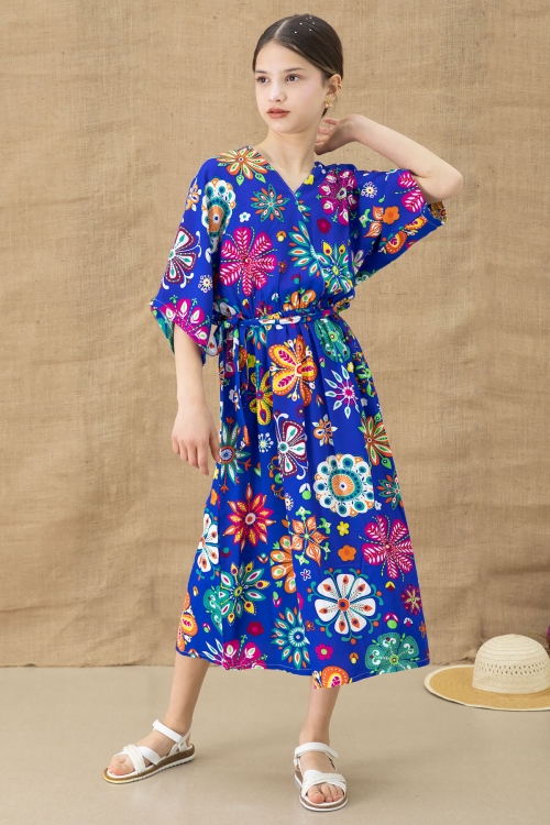 Mavi Çiçek Desenli Kısa Kol Kız Çocuk Kuşaklı Elbise 20767