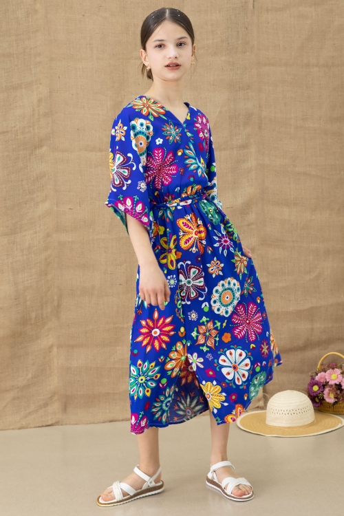 Mavi Çiçek Desenli Kısa Kol Kız Çocuk Kuşaklı Elbise 20767