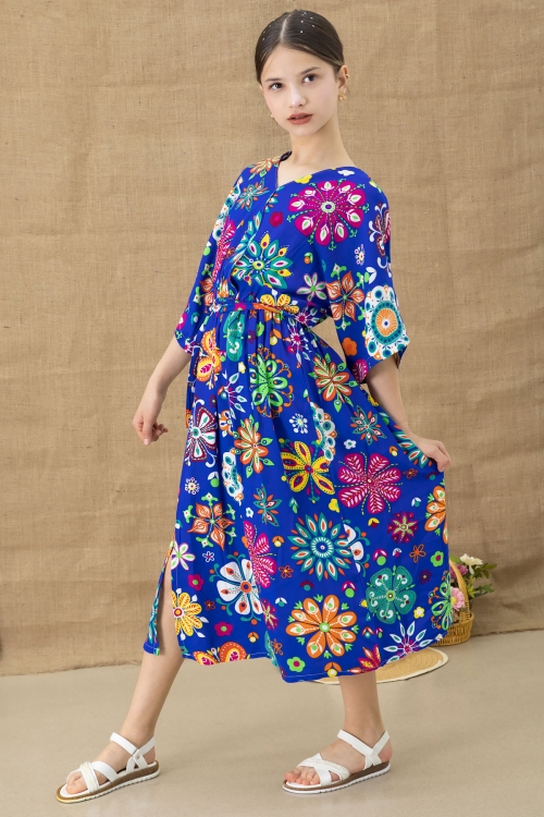 Mavi Çiçek Desenli Kısa Kol Kız Çocuk Kuşaklı Elbise 20767