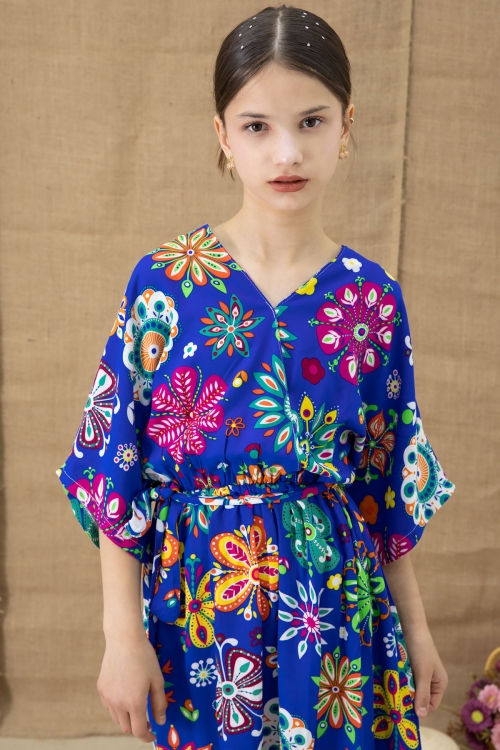 Mavi Çiçek Desenli Kısa Kol Kız Çocuk Kuşaklı Elbise 20767