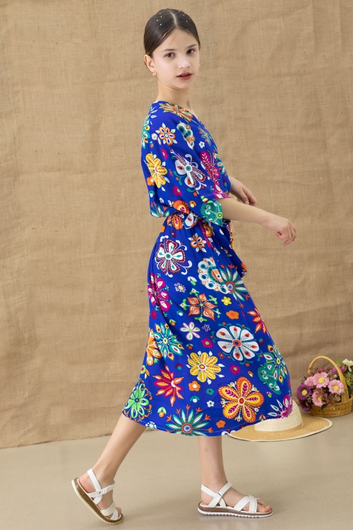 Mavi Çiçek Desenli Kısa Kol Kız Çocuk Kuşaklı Elbise 20767