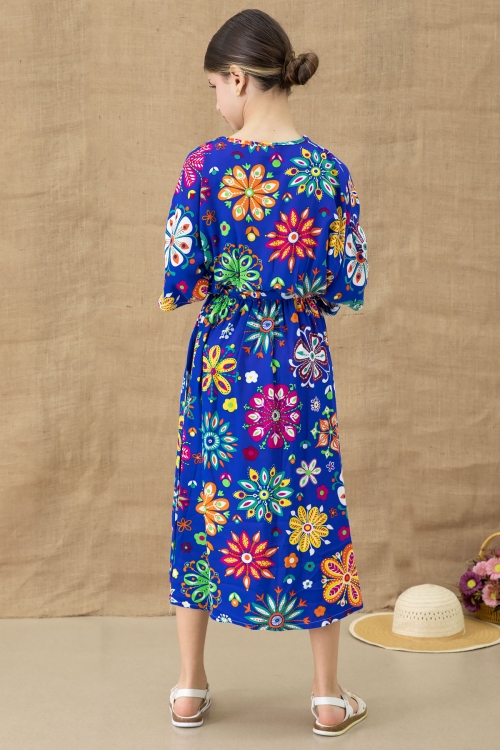 Mavi Çiçek Desenli Kısa Kol Kız Çocuk Kuşaklı Elbise 20767